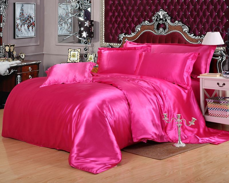 Luxurious Solid Pink Color Bedding Sets Imitated Silk