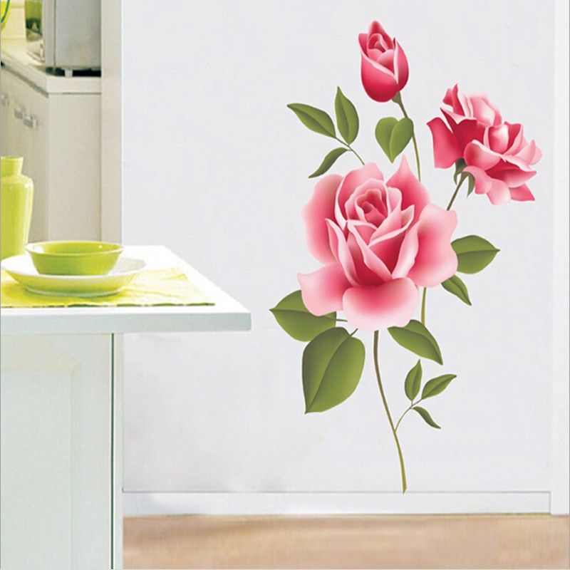 Pink Rose Flower Decal Vinyl Wall Removable PVC Sticker Decoration Living DIY Home Art Wallpaper