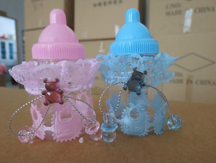 2018 New Baby Shower Favors Blue Pink Milk Bottle Candy Box With Bear Lace Bo Bag For Party Decorations Supplies