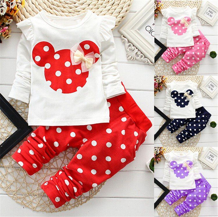 2pcs Kids Baby Girl Cartoon Mouse Bow T-Shirt Tops+Long Pants Clothes Set Outfit