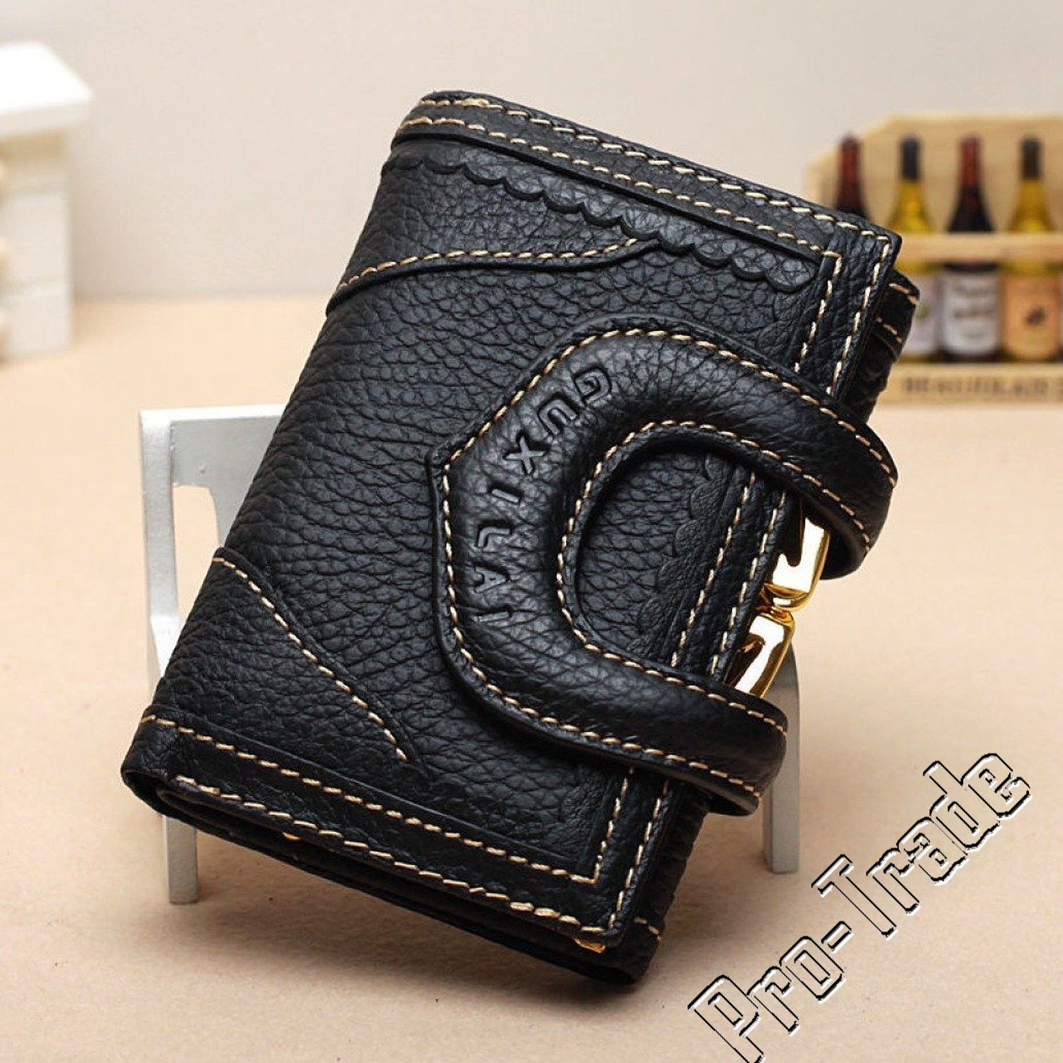 Women Designer Short Black Leather Card Coin Holder Tri Fold Wallet