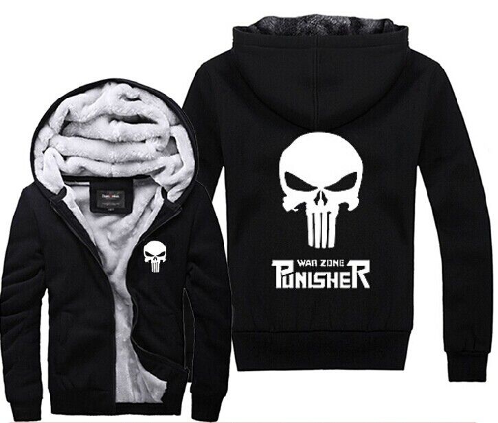 Winter Fleece Hoodie For Skull/Punisher Zipper Thick Jacket