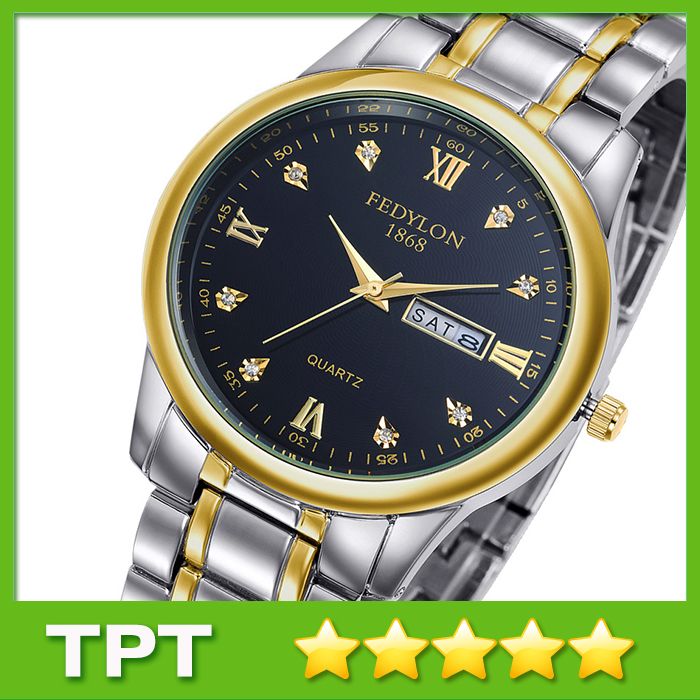 Quartz Battery Movement Men Wristwatch Round Dial Stainless Steel Strap Watch Gold Black Gold
