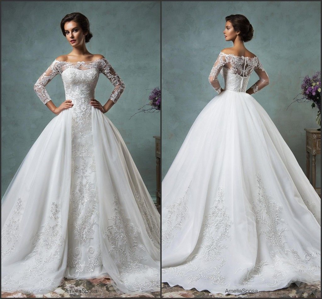 2016 Vintage Lace Wedding Dresses Off The Shoulder Long Sleeve With ...