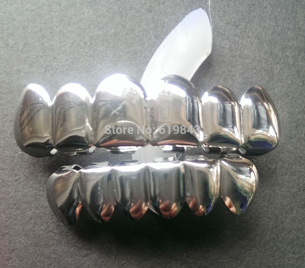 2019 Wholesale REAL SHINY!! SHINY SILVER PLATED HIPHOP TEETH GRILLZ TOP