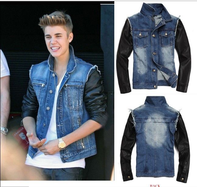 Fall Free Mens Vintage Motorcycle Leather Sleeve Patchwork Denim Jean Jacket Justin Coat Men Clothes Us Size M L Xl Blue