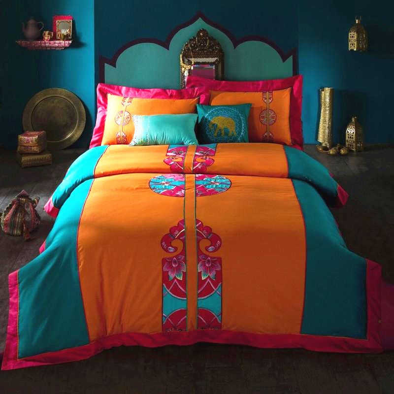 2015 King Size Bedding Sets Of Cotton Embroidered Bohemian Style Orange
