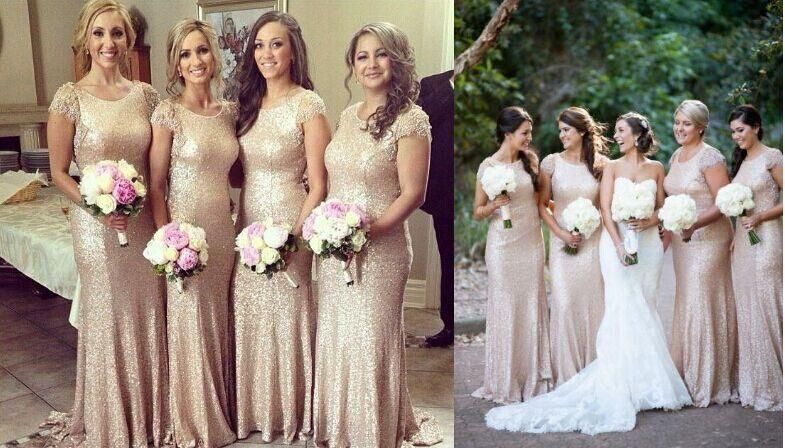 Discount 2015 Champagne Color Sequins Short Sleeve Bridesmaid