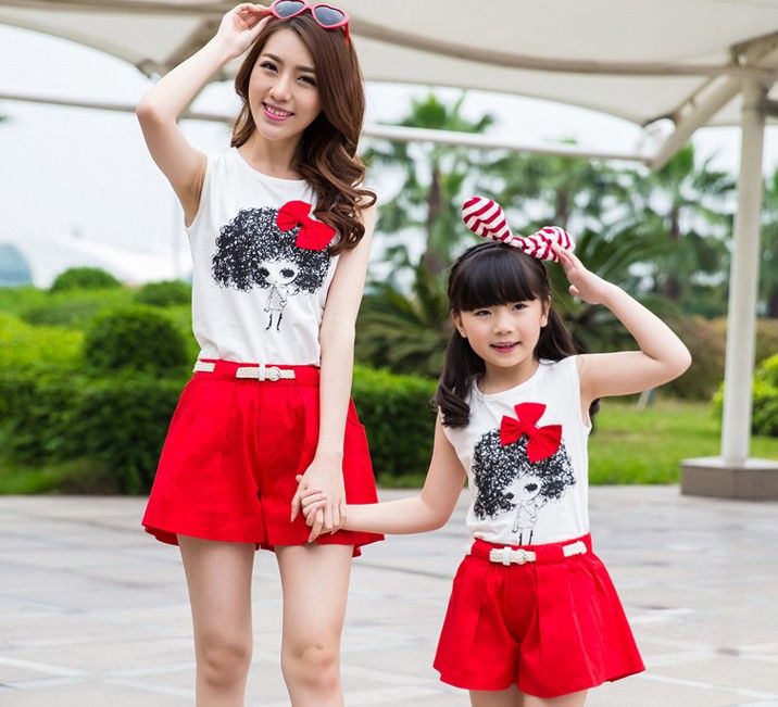 2015 Korean Summer Mother And Daughter Clothing Set Tank Tops+Shorts ...