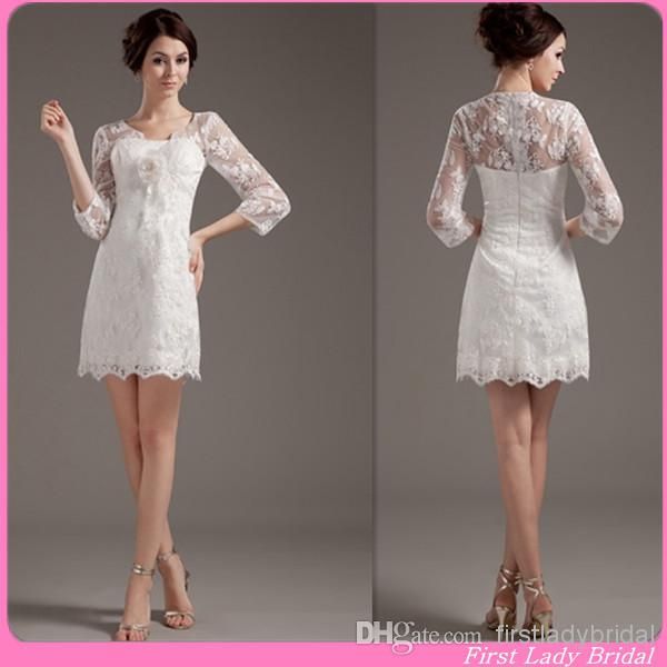 300 Sexy 30/30 Sleeves Short Wedding Dresses Ivory Lace Beach ...
