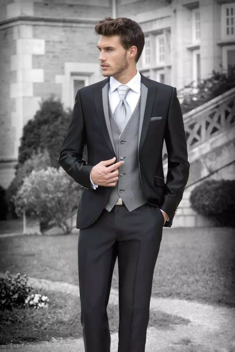 Traje negro chaleco gris Clearance
