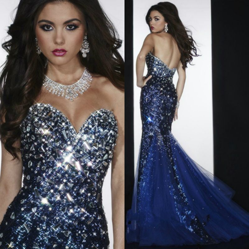 2016 Long Sparkly Navy Blue Prom Dress Sweetheart Mermaid Sequin Robe ...
