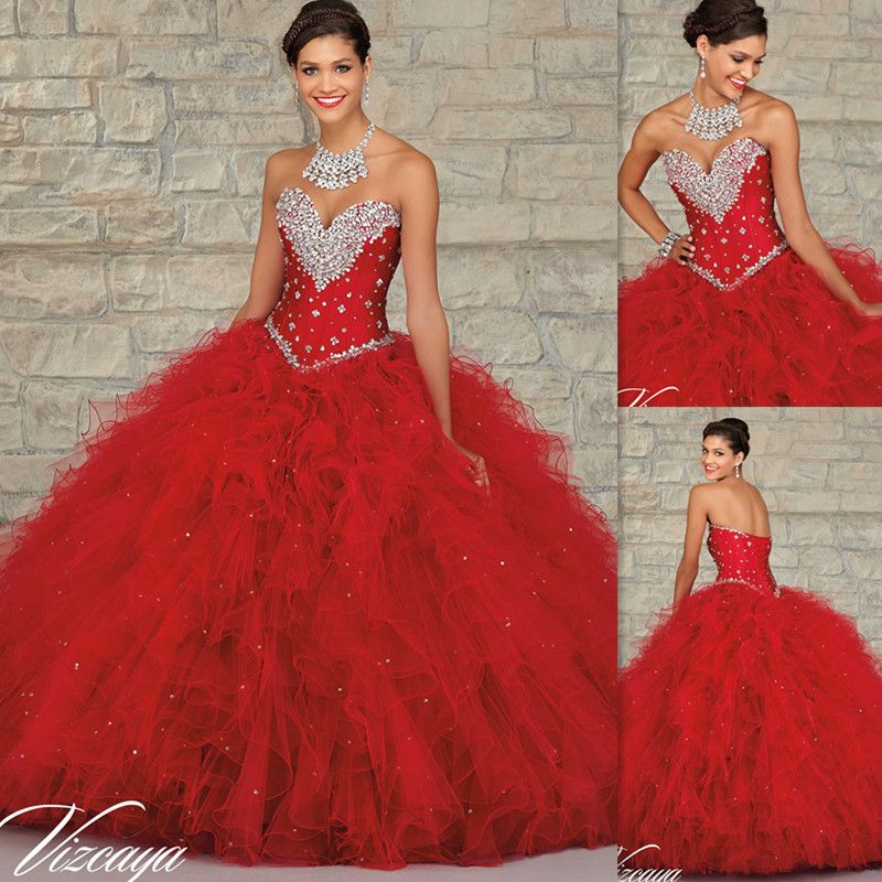 Quinceanera Dresses Shops Red Tulle Ball Gowns Sweetheart Beaded ...
