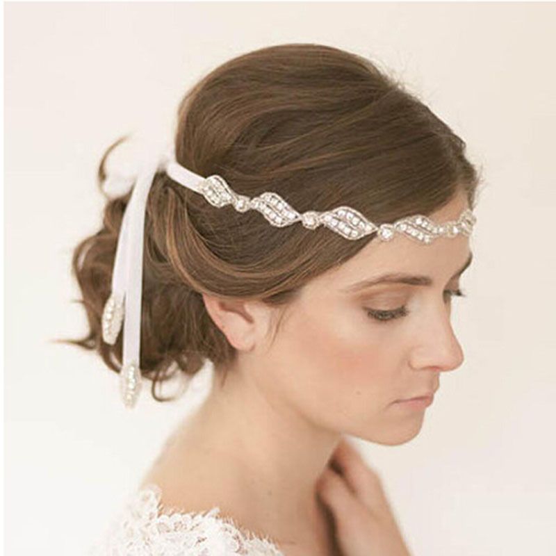 Elegant Sparking Rhinestone Bridal Headbands Crystal Ribbon Tie Back