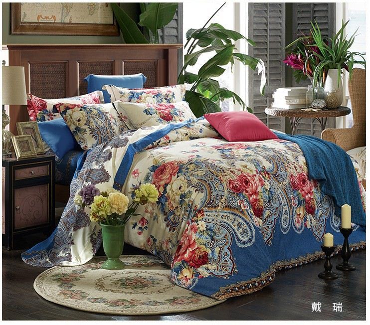 2015 Luxury Blue Paisley Floral Bedding Set 100 Egyptian Cotton Sheets King Queen Size Quilt