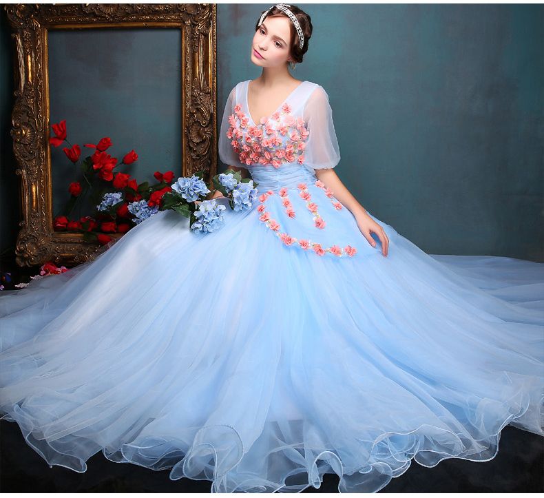 100%real Royal Light Blue Bubble Sleeve Ball Gown Medieval Dress ...