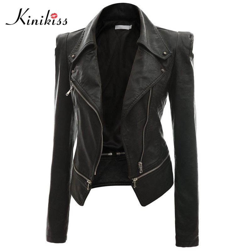 Whole Kinikiss 2018 Fashion Women Short Black Leather Jacket Coat Autumn Y Steampunk Motorcycle Female Gothic