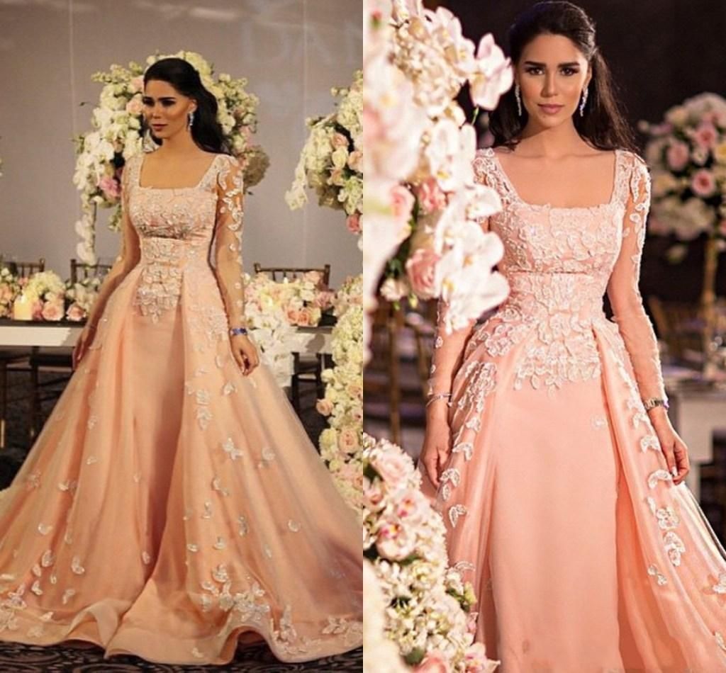 Arabic Indian Formal Evening Dresses Long Sleeves Coral 2016 Sheer ...