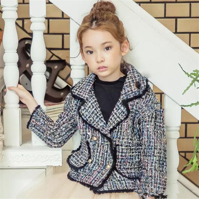 Girls coat children plaid wool tassel lace prince