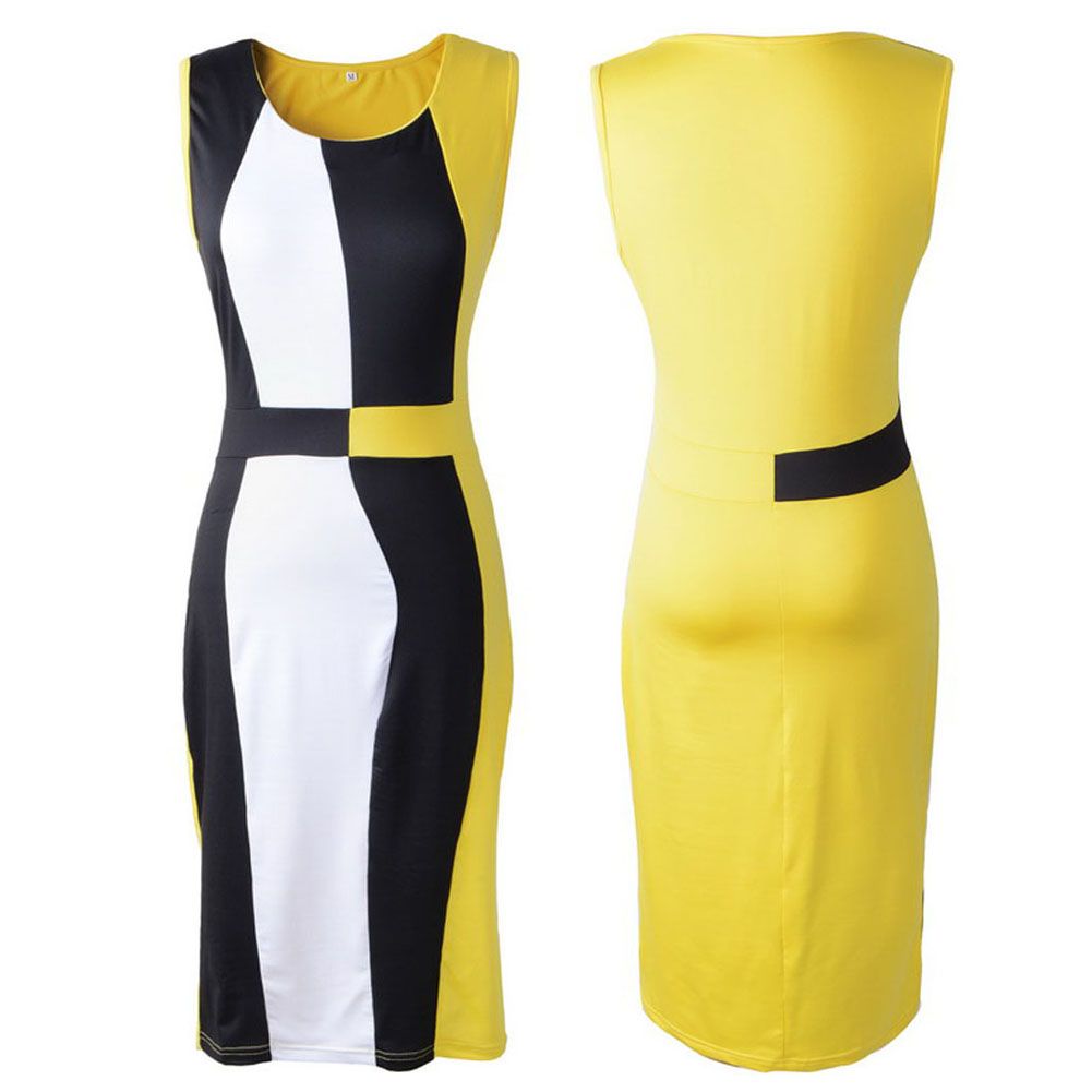2019 New 2014 Fashion Women Elegant Black And Yellow Patchwork Dress