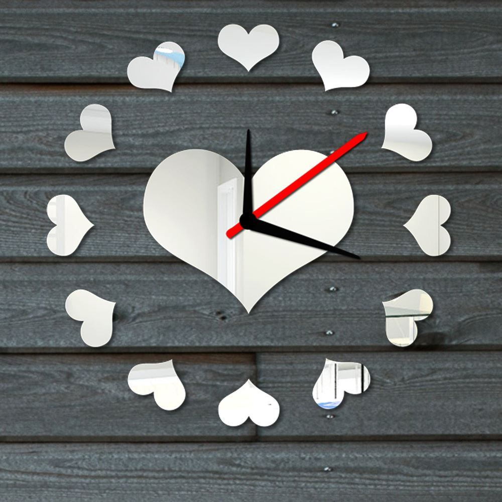 DIY Loving Heart Wall Clock Sticker Set Mirror Effect Acrylic Glass