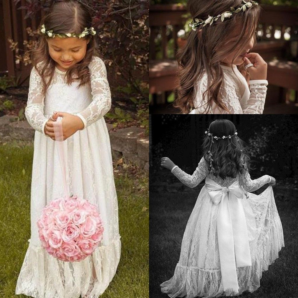 2017 Cheap Long Sleeves Lace Wedding Flower Girls' Dresses First ...