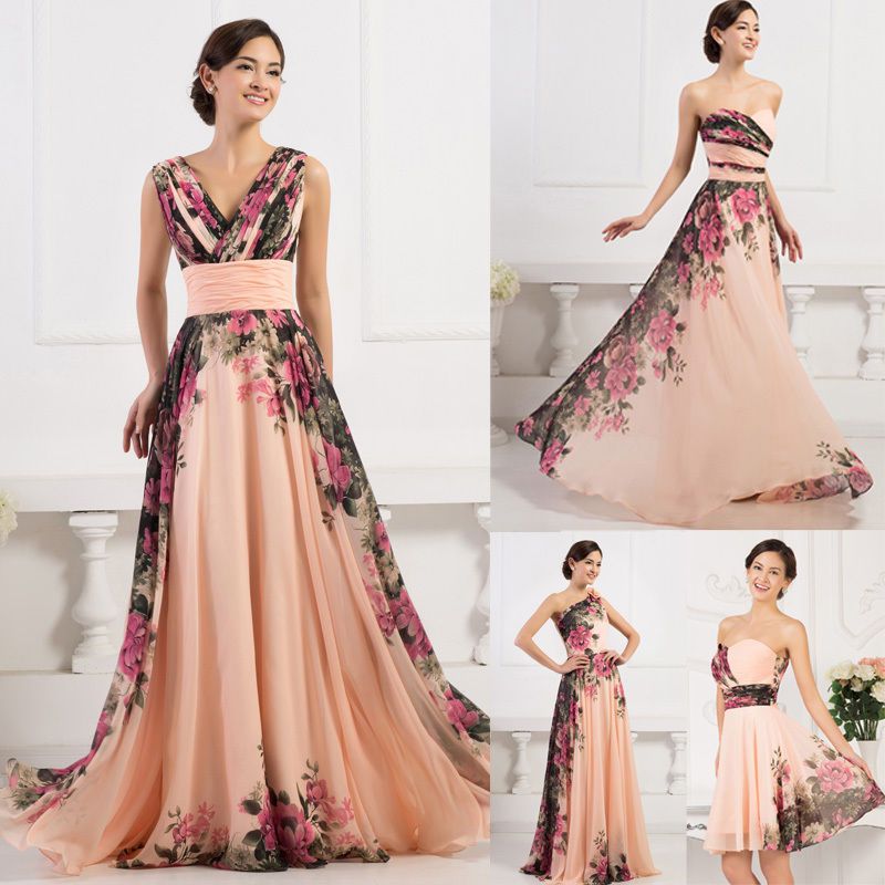 Grace Karin Floral Chiffon Dress Long Short Bridesmaid 