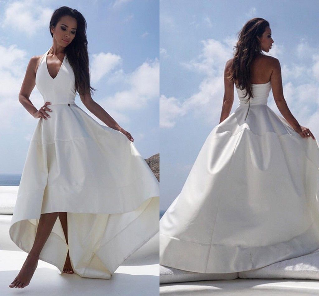 White Halter High Low Prom Dresses V Neck Satin Tea Length Backless Party Dresses Summer Beach Dresses Fast Shipping