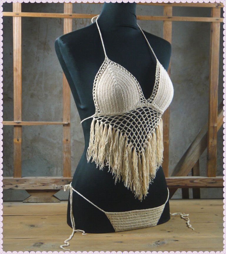 Crochet Bikini Crop Top Swimwear String, Beach Bikini Swimsuit Hippie ...