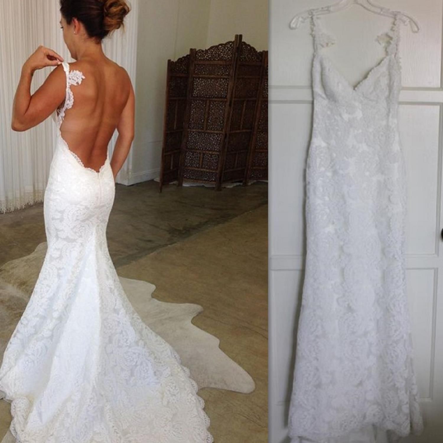 2018 Beach White Lace Backless Wedding Dresses Mermaid Spaghetti