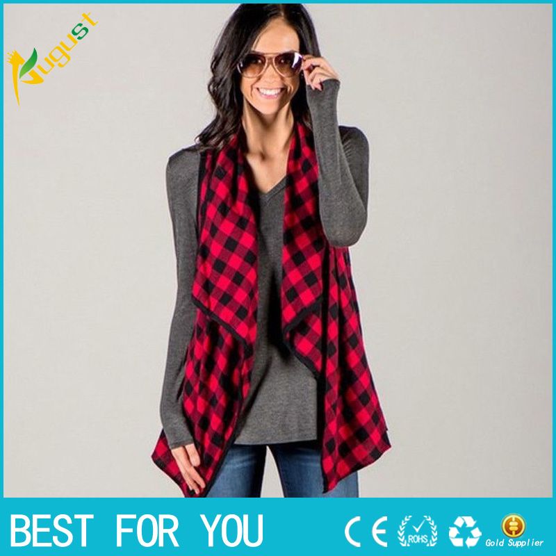 fashion winter women sleeveless waistcoat plaid check long vest gold cardigan plus size