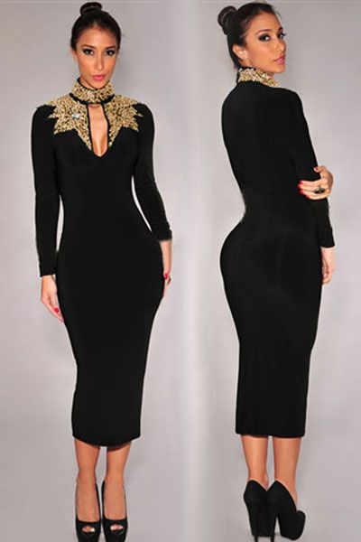 Mid calf long black dresses with sleeves size