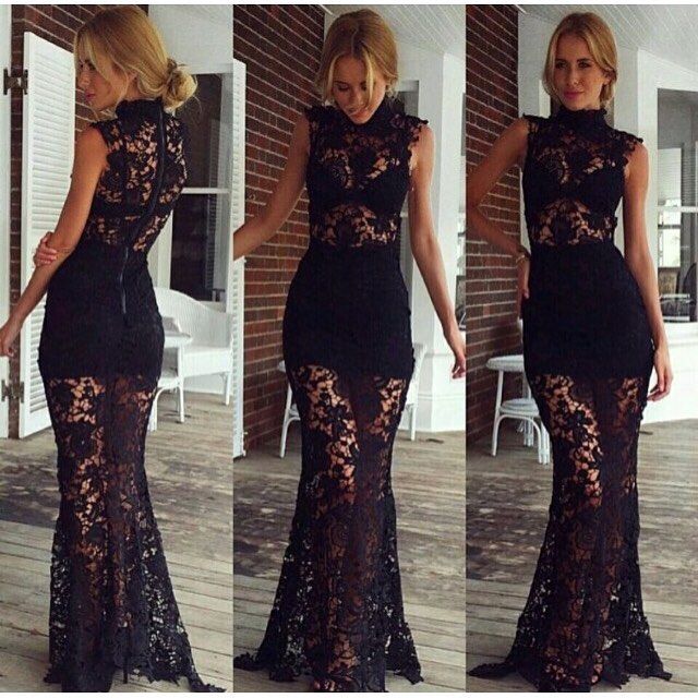 Vintage Black Lace Sheer Sheer Prom Gowns For Women High Neck Sexy ...