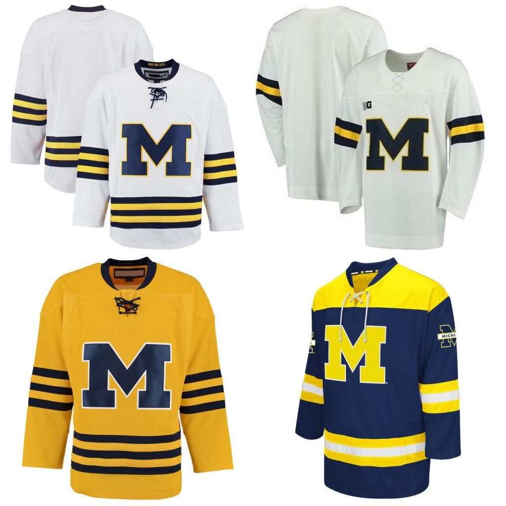 2019 Custom Mens NCAA Michigan Wolverines College Hockey Jerseys White