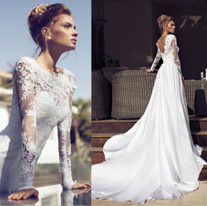 Modest 2016 Wedding Dresses Lace Applique A Line Crew Neck V Back Open ...