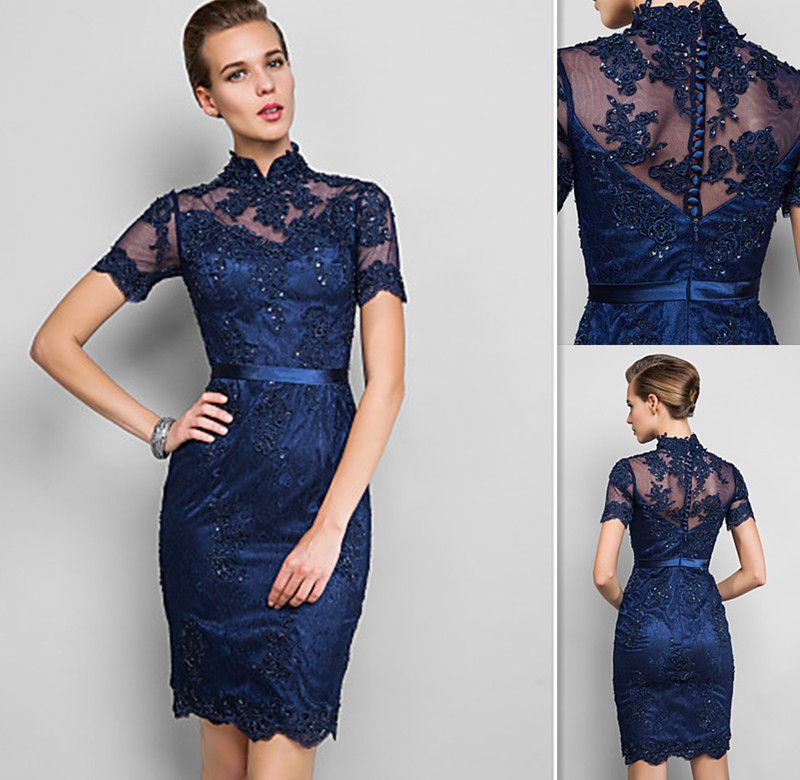 Blue Lace Cocktail Dress With Sleeves ...