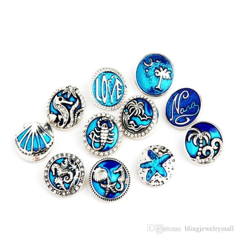 Wholesale Diy Jewelry Beauty Charming Blue Palm Beach Shells Seahorse Snaps Metal Button Fit 18mm Snaps Button Bracelet Jewelry Za0056