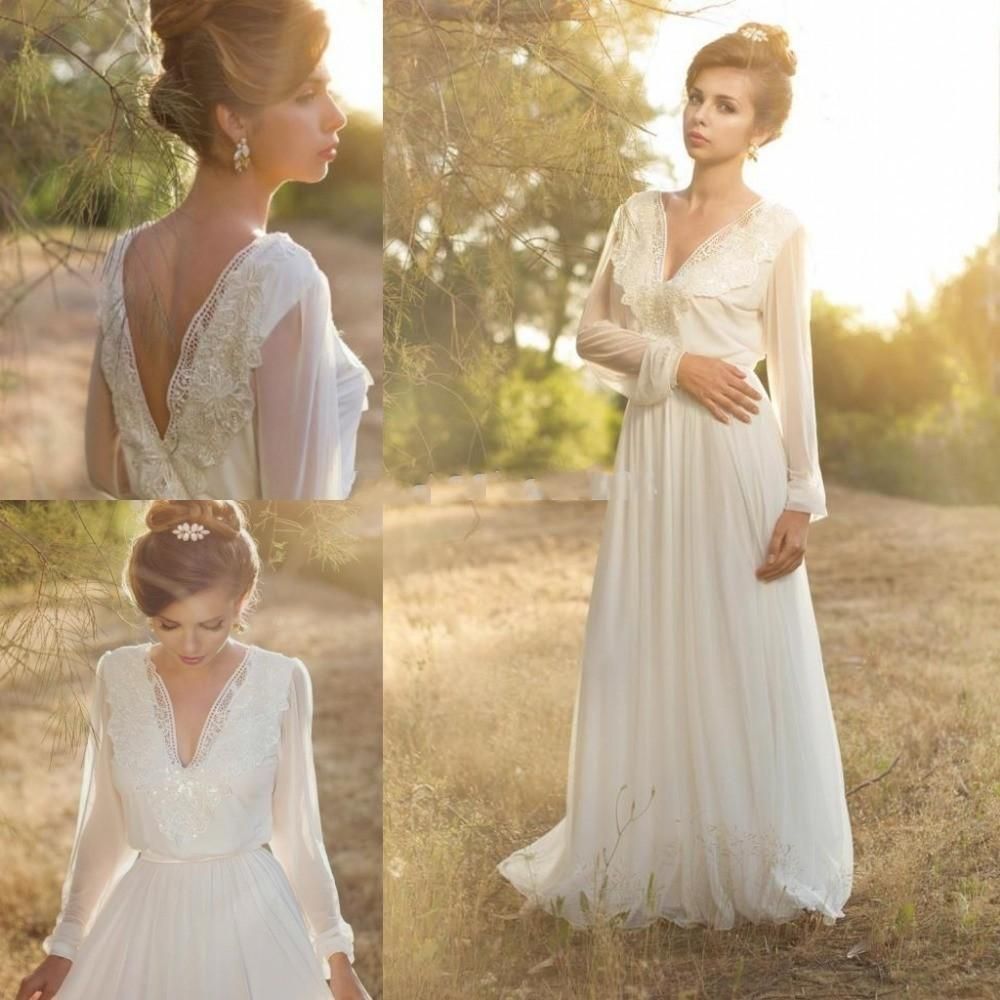 Compra Boho Vestido De Novia Blanco De Manga Larga Playa De Gasa Con Encaje  V Cuello Vestidos De Novia Casamento Románticos Vestidos De Novia Barato |  Entrega Rápida Y Calidad | Es.Dhgate
