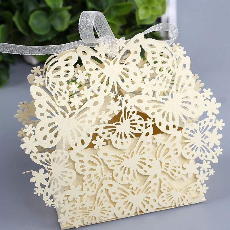 Hollow Butterfly Flower Wedding Candy Box With Ribbon For Wedding