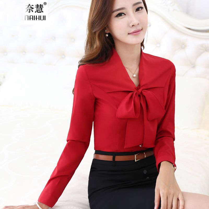 2019 New Fashion Female Bow Long Sleeve Shirt Women Work Clothes Red ...