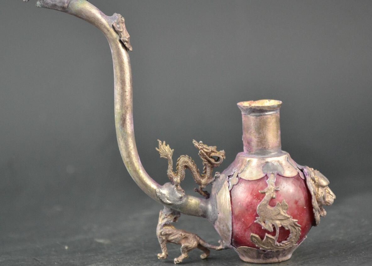 Collectible Decorated Old Handwork Red Jade /& Tibet Silver Dragon Smoking Pipe A