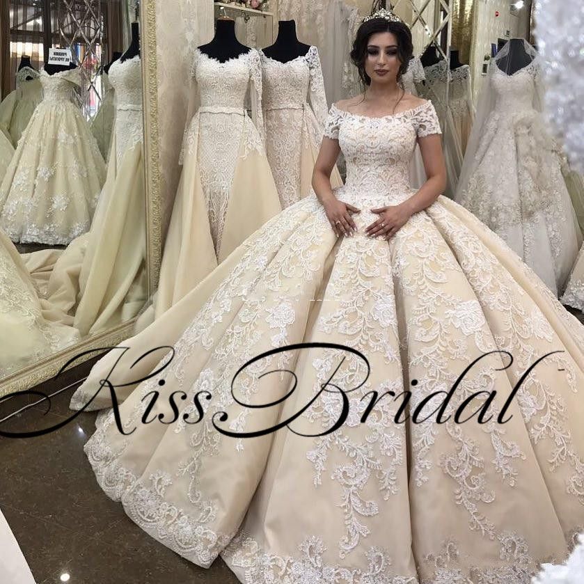 Princess Ball Gown Dubai Wedding Dresses Puffy Lace Beading Champagne Brida Gowns Bateau Neck Short Sleeves Arabic Luxury Wedding Dress From Kissbridal 472 37 Dhgate Com