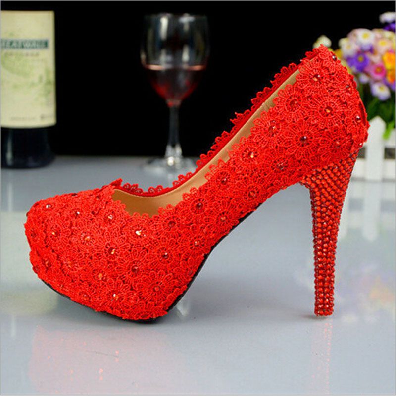 Fashion Red Bridal Shoes With Small Appliques And Fancy Crystal High ...