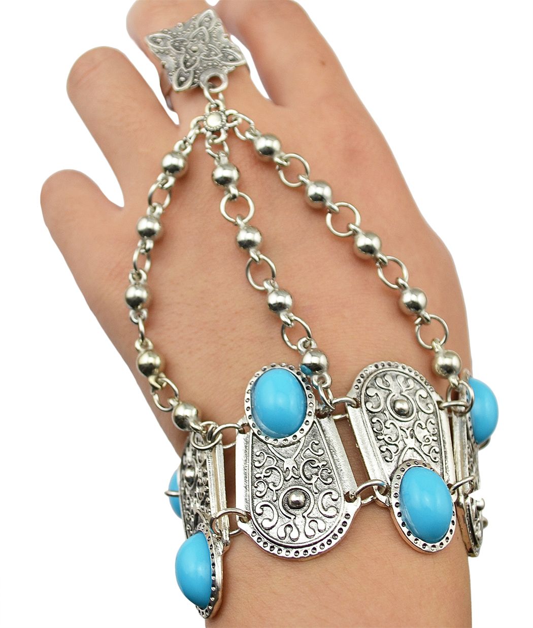 Retro Inlay Blue Resin Beads Pendant Silver Plated Hand Chain Ring Bracelet Retro Inlay Blue Resin Beads Pendant Silver Plated Hand Chain Ring Bracelet