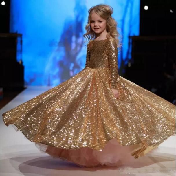 2018 Sparkly Gold Sequined Little Flower Girl Dresses Jewel Neck Long Sleeve Kids Formal Wear