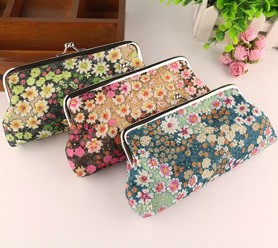 Embroidery Floral Fabric Patterns Coin Purse Lady 6 Inch Long Size Snap Closure Wallet Money ...