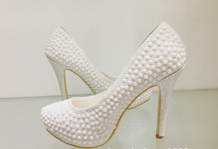 Cheap Pearls Wedding Shoes High Heel White Prom Shoes High Quality