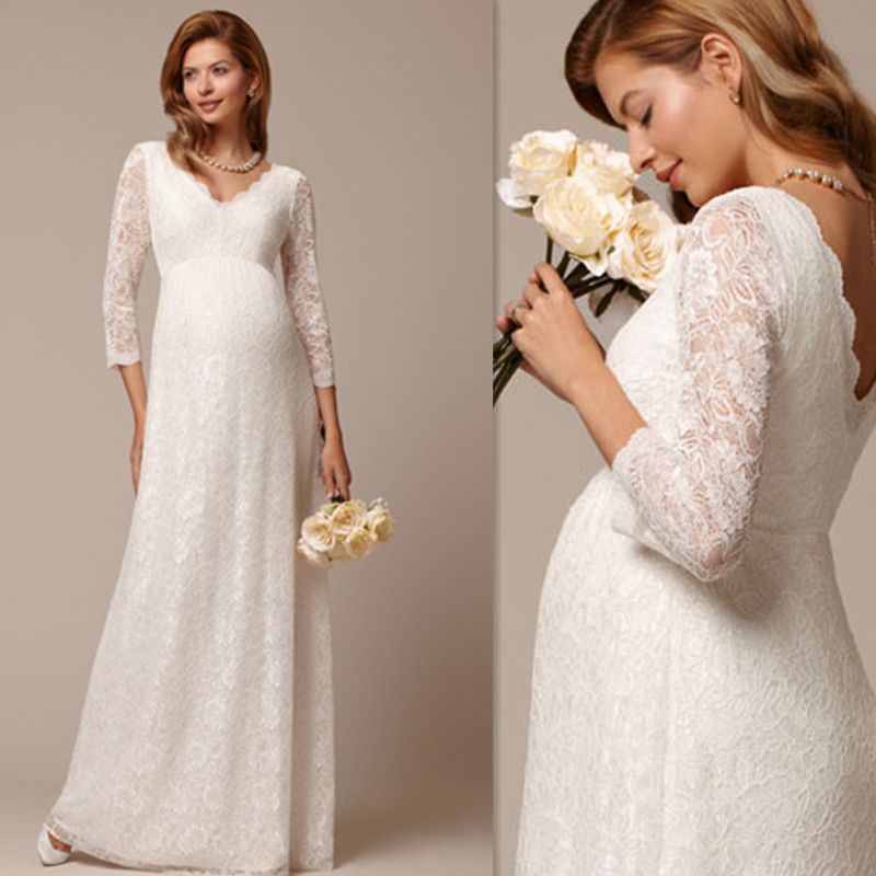 2016 Long Maternity Wedding Gowns Ivory Lace Pregnant Girls Bridal ...