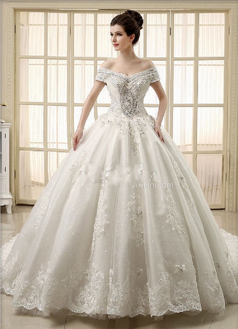 2015 Ball Gown Wedding Dresses Beaded Crystal Cathedral Train Bridal ...