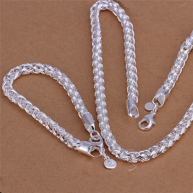 S059 Top quality 925 sterling silver necklace Twisted ring 20inches & Bracelets 8inches Fashion Jewelry Set For Men 